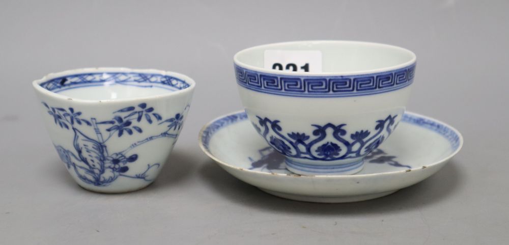 Two Chinese blue and white cups and a saucer, one with reign mark
